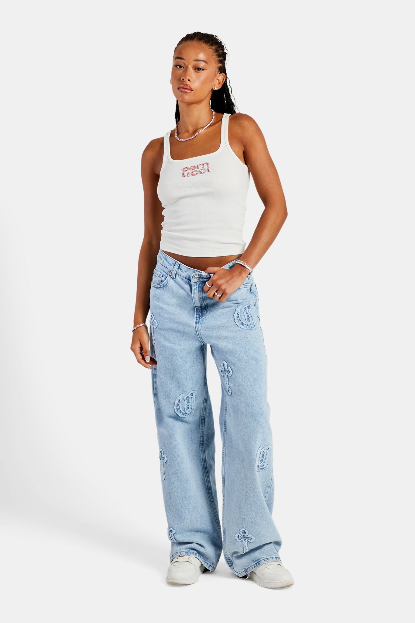 Rib Glitter Applique Vest Top White